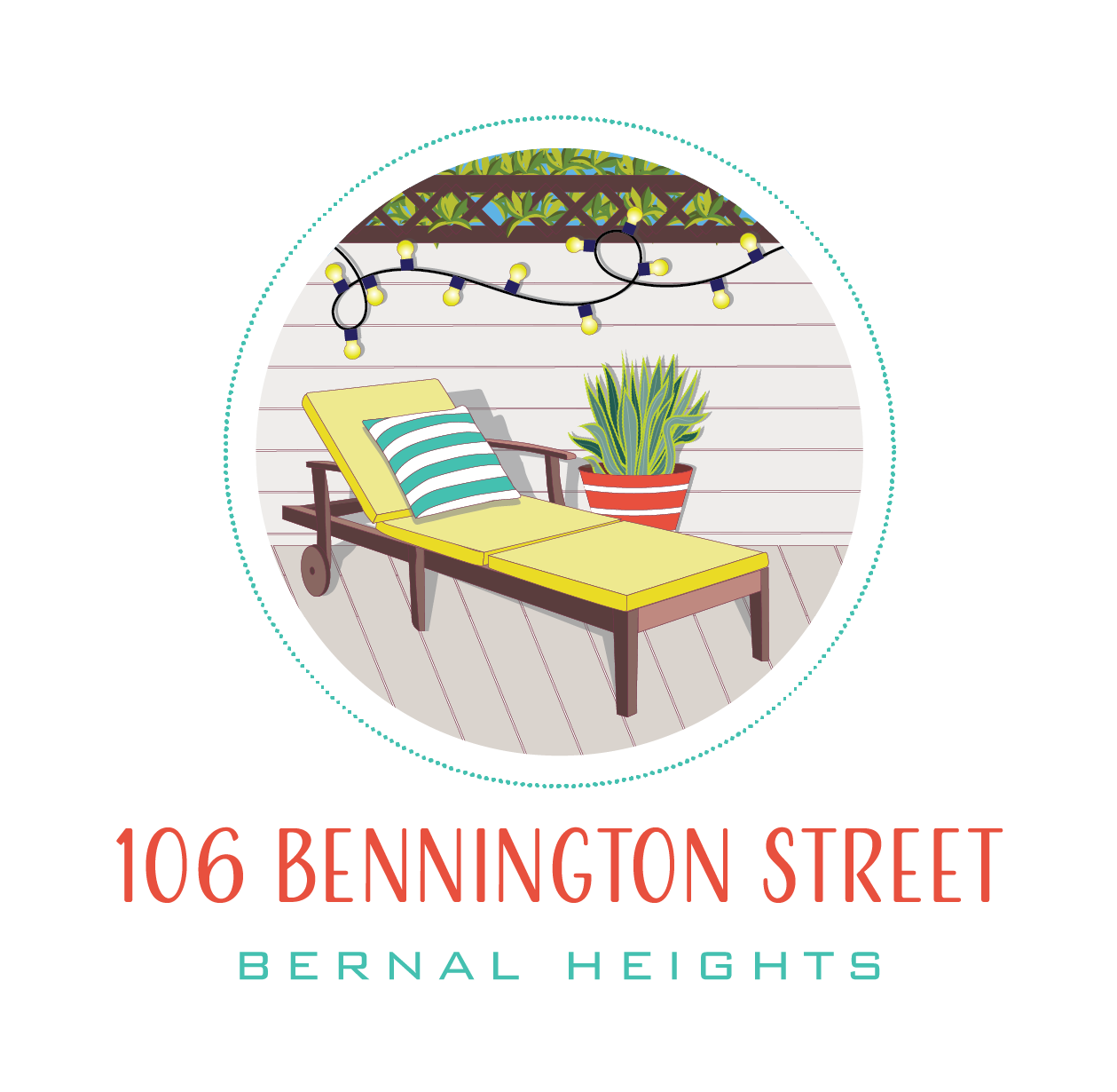 logo for 106 Bennington St home for sale San Francisco, depicting a home patio with a grey floor, white fence, and a chaise lounge chair with bright yellow padding